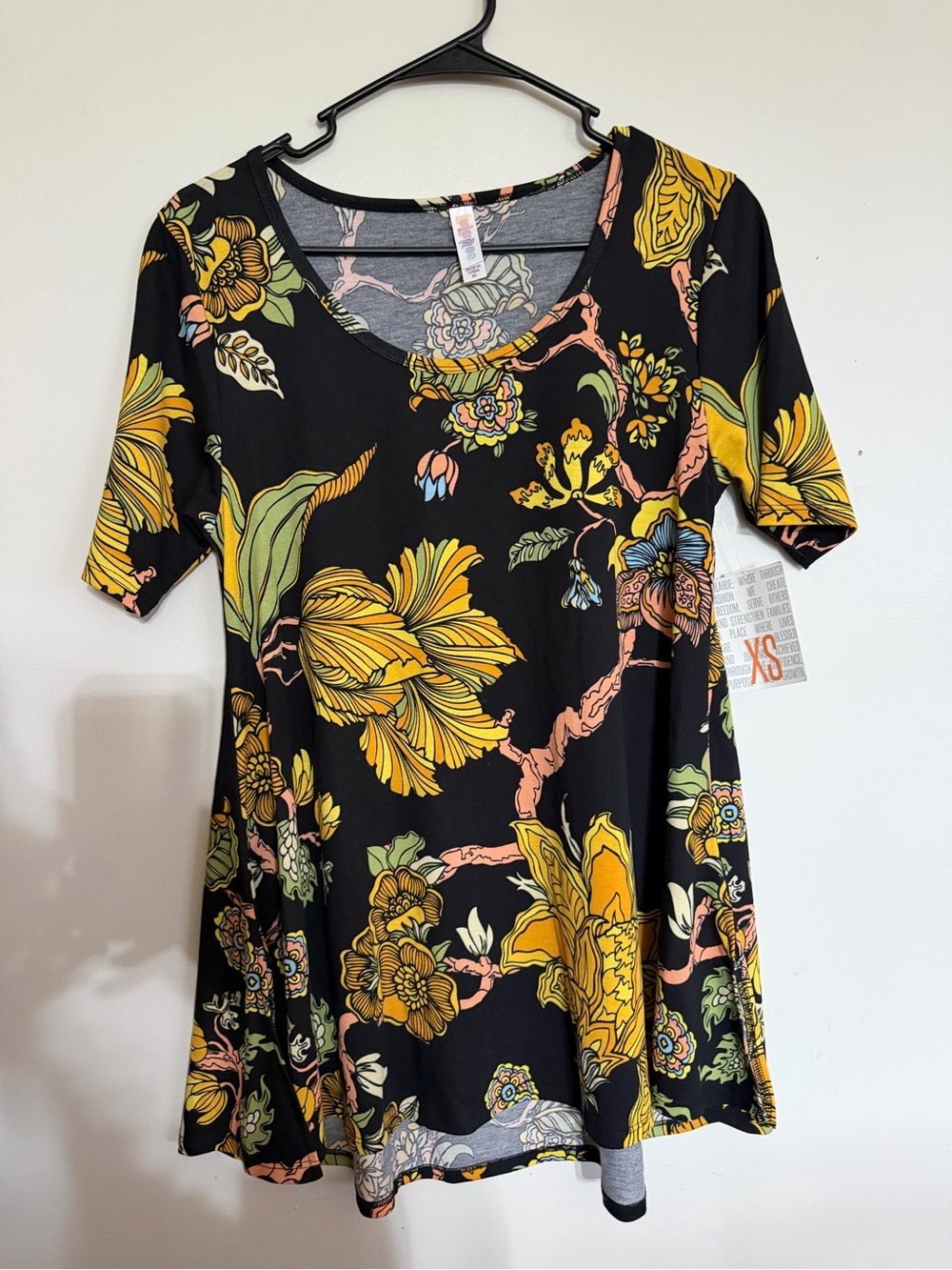 LuLaRoe Black Floral Scoop Neck Tank Top with Yellow and Green Print